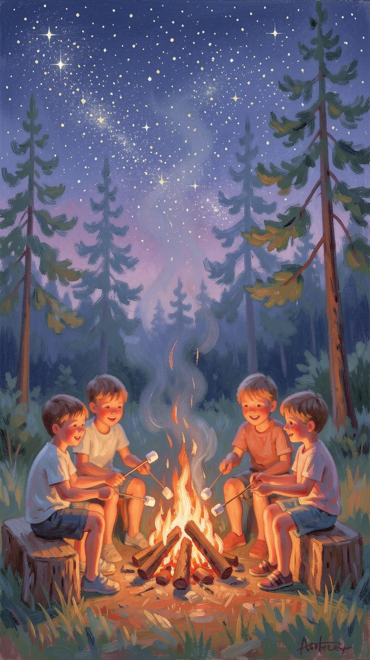 A summer camp bonfire with children roasting marshmallows and singing beneath a star-filled sky.