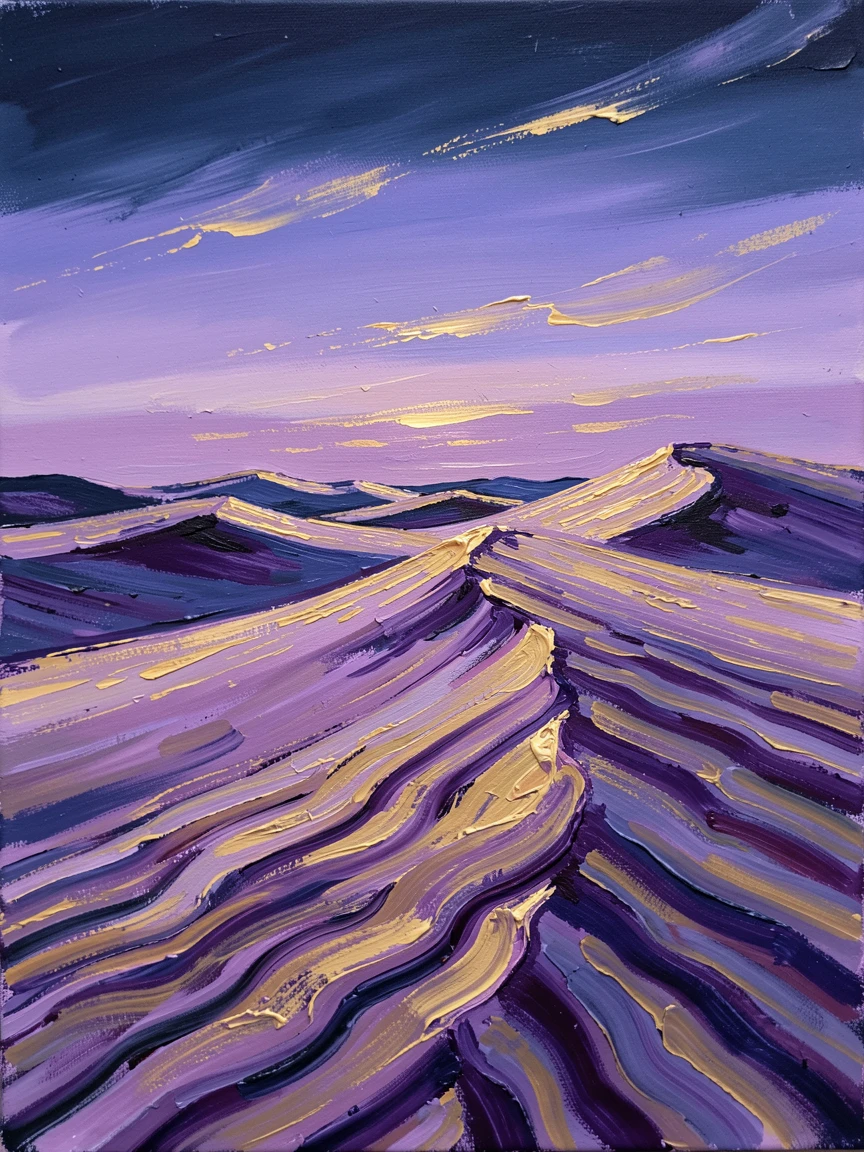 A dune landscape at twilight, ripples of sand glowing violet and gold.