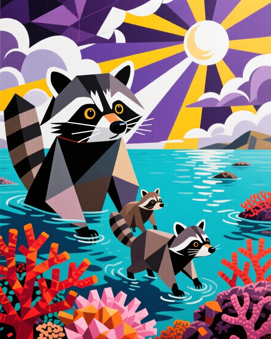 A striking view of a family of raccoons navigating through a coral-lined lagoon beneath a dramatic sky.