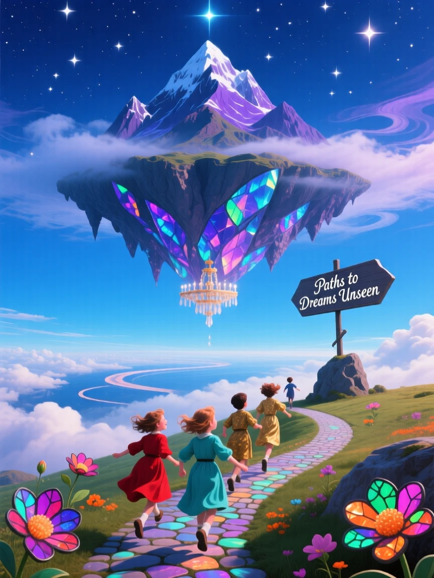 An inverted mountain range hanging from a solid sky hangs suspended between two identical skies, while children run along paths that curve into the sky.