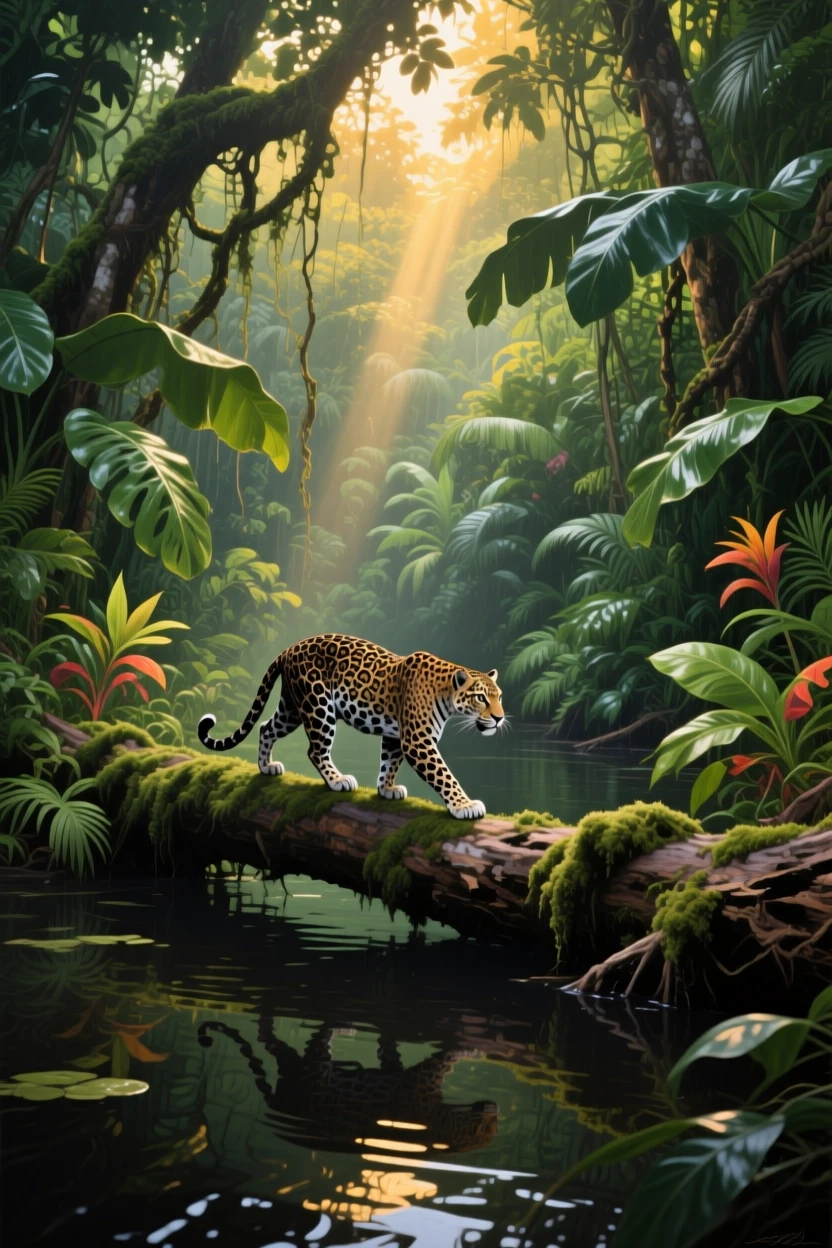 A dense Amazon rainforest scene shows a jaguar moving silently along a fallen log beside a dark river, thick vines and giant leaves crowding the frame, shafts of light breaking through the canopy.