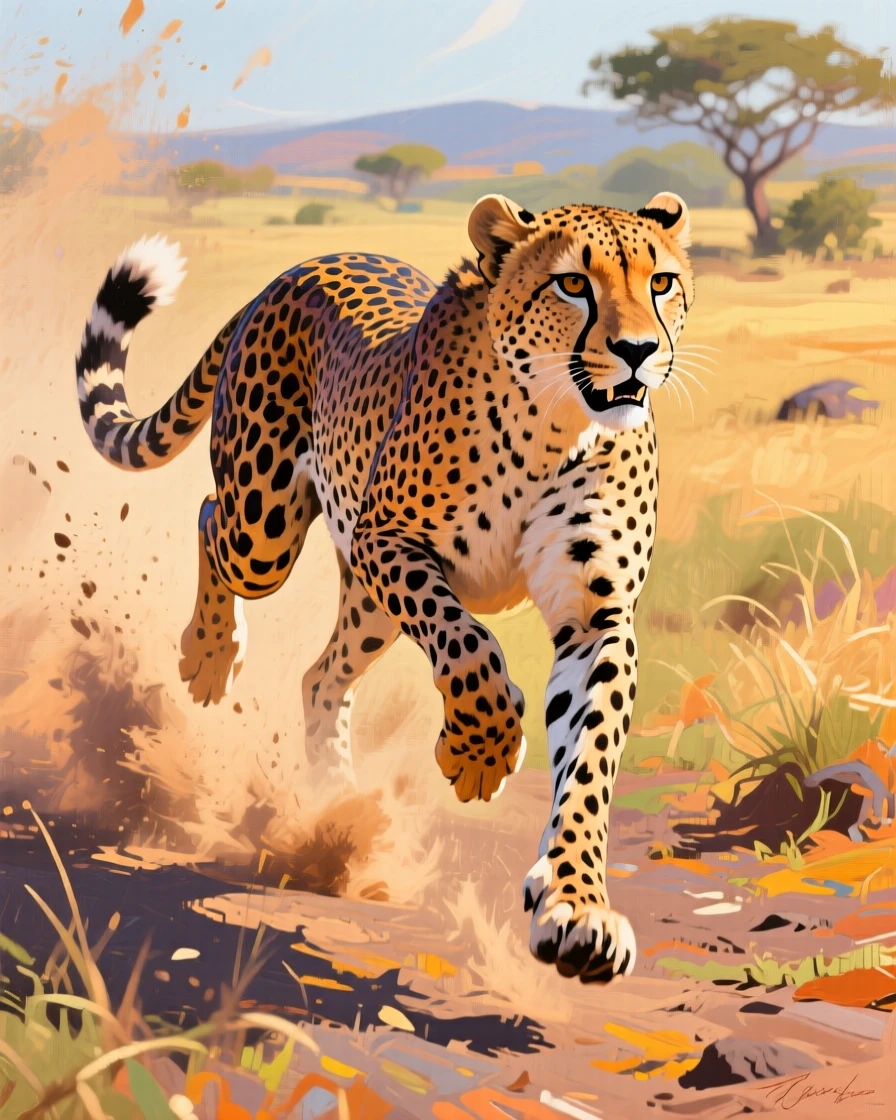 A cheetah mid-sprint across the savanna, dust kicking up behind its powerful stride
