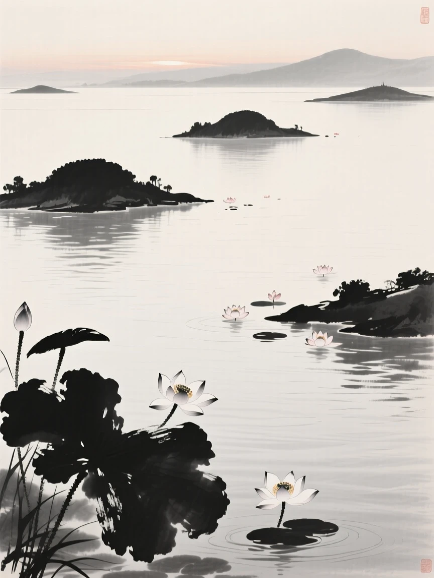 a wide lake dotted with small islands, with lotus blossoms scattered across the water.