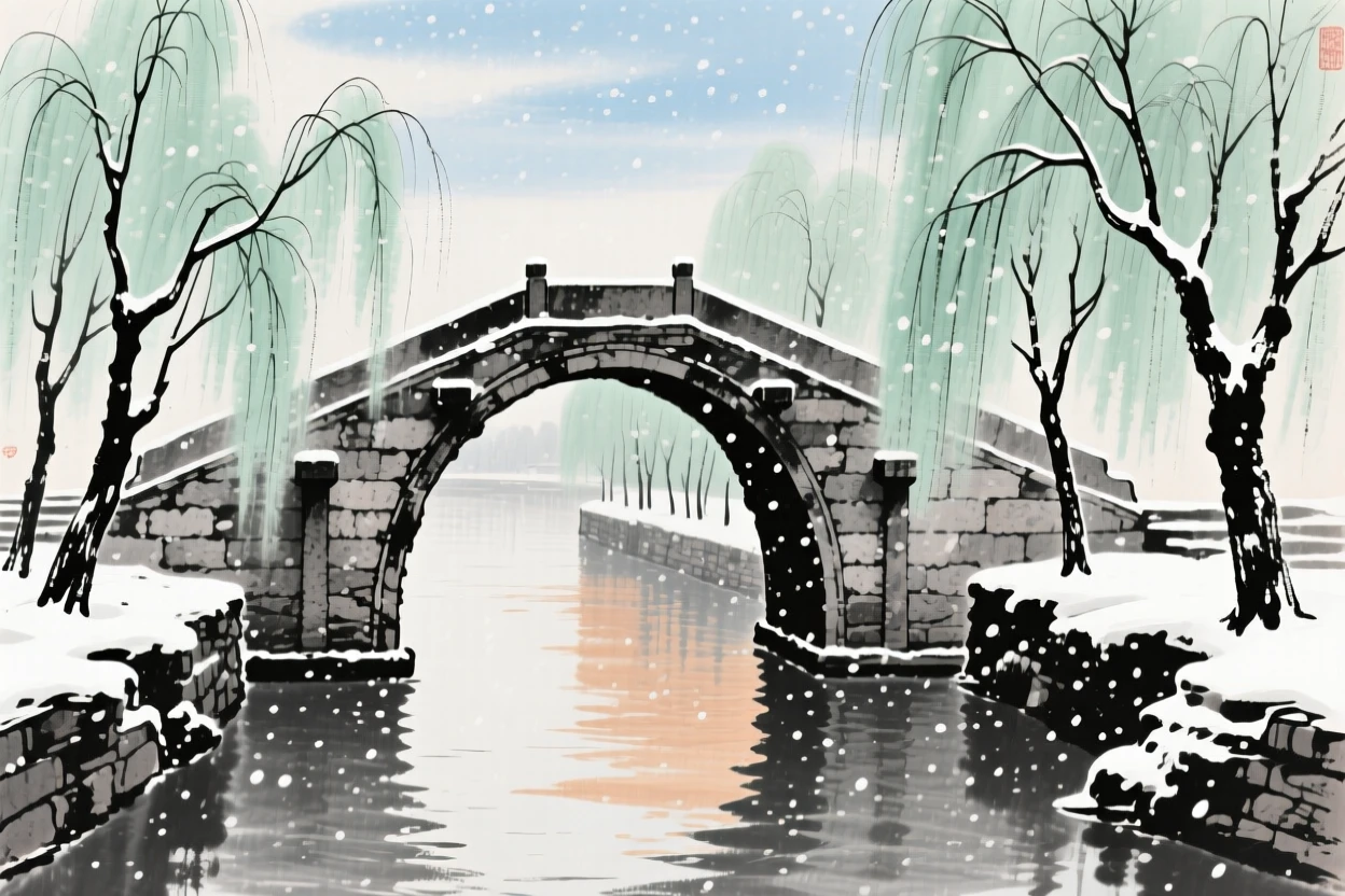 An arched stone bridge over a canal lined with willow trees, beneath softly falling snow, under the first snow of winter, full of quiet reverence.