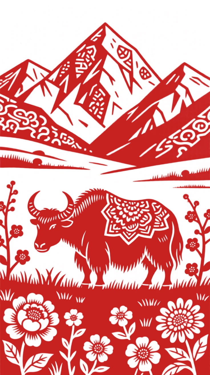 A high alpine meadow scattered with wildflowers, distant snow peaks rising behind grazing yaks