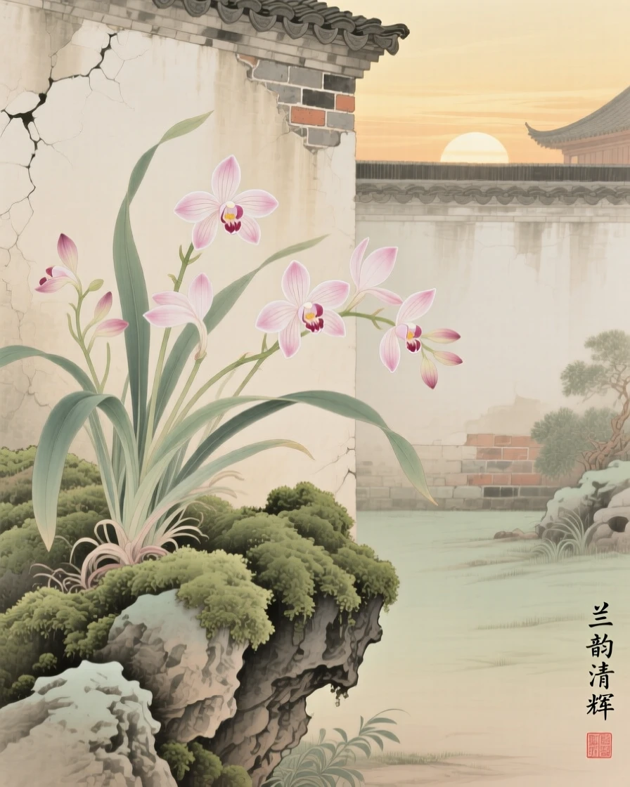 Orchids growing from a mossy rock in an old walled garden at dawn
