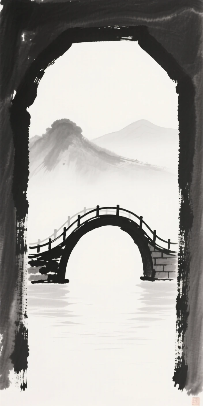 A curved arch bridge against a backdrop of distant mountains, framed through an archway or gate for depth, capturing a serene blend of nature and human presence.
