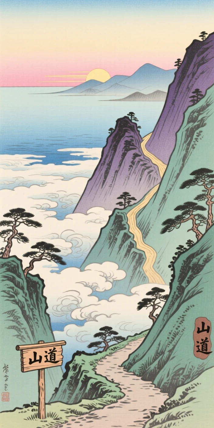 A narrow mountain pass, above a sea of clouds, at dawn.
