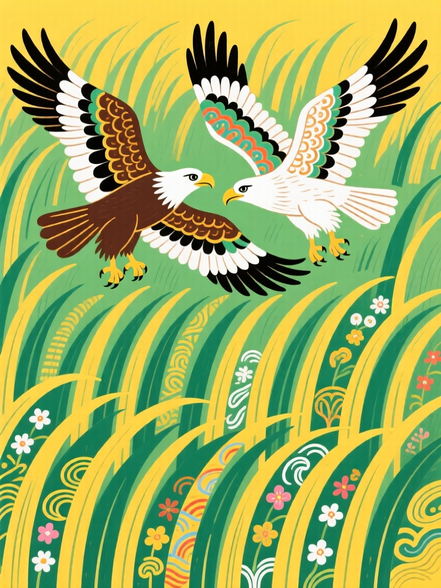 A pair of eagles gliding together in a field of tall grass.