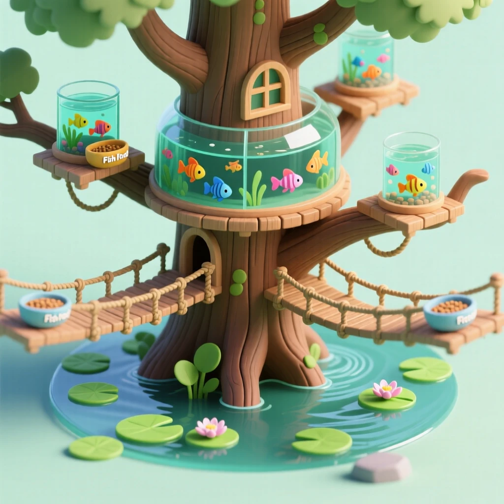 A treehouse aquarium with glass tanks built into the branches, colorful fish swimming past viewing windows, a rope bridge connecting feeding platforms, and lily pads floating below.