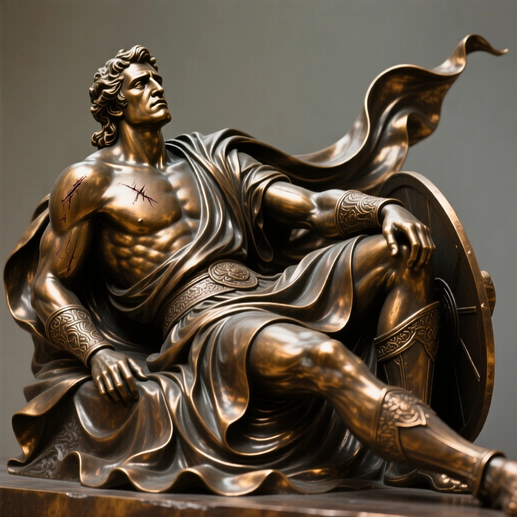 A warrior resting after a long and hard-won battle, with intricate, flowing drapery, forming a strong central focal point