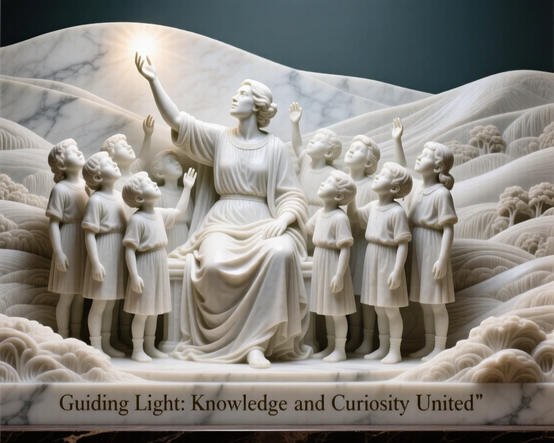 A tender portrait of a teacher surrounded by curious students, reaching upward toward the light, against a backdrop of rolling hills, evoking warmth and humanity