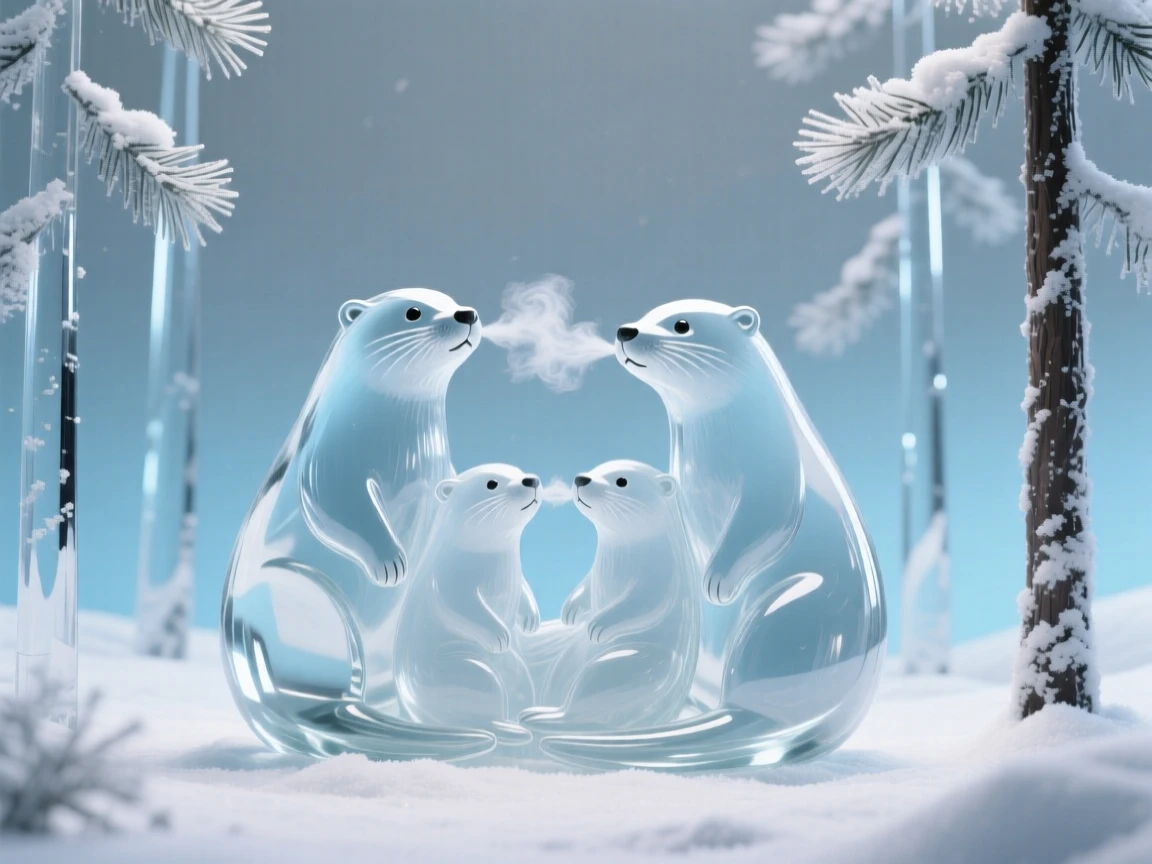 An otter family in a snow-dusted pine forest, breath visible in the cold air, soft winter light giving the scene a hushed, peaceful feeling.