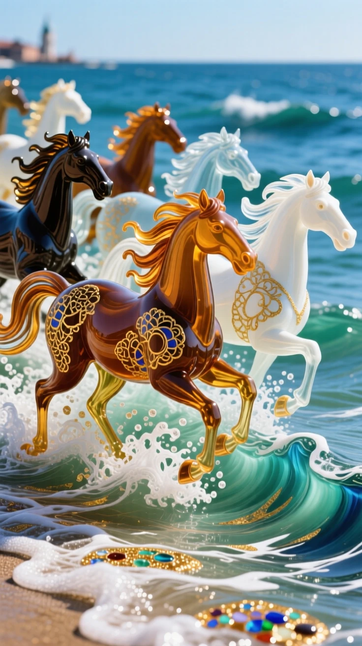 A herd of wild horses thundering through shallow coastal surf, dynamic and untamed.