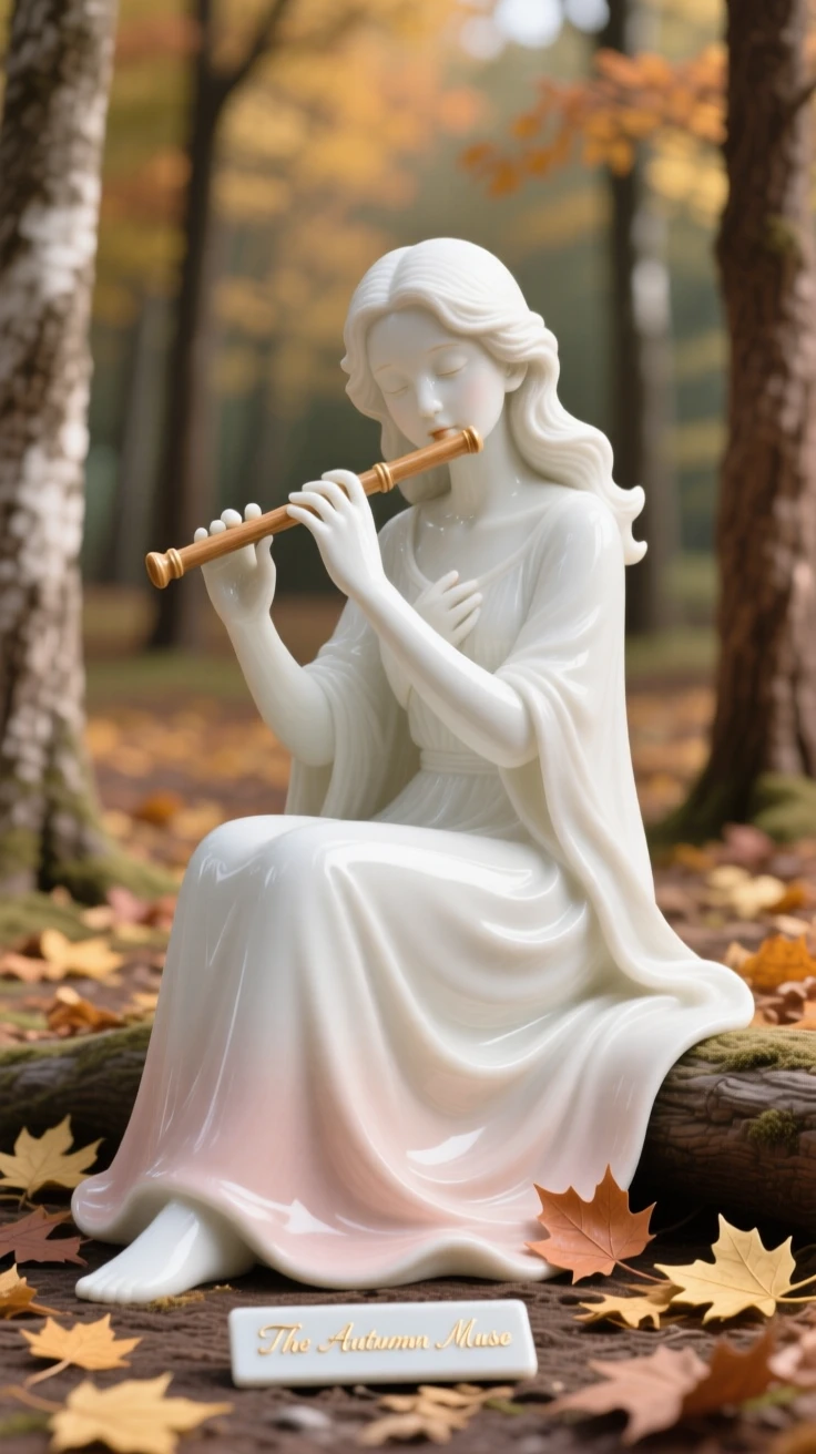 A youthful poet playing a wooden flute, one hand resting gently over her heart, in an autumn forest clearing.