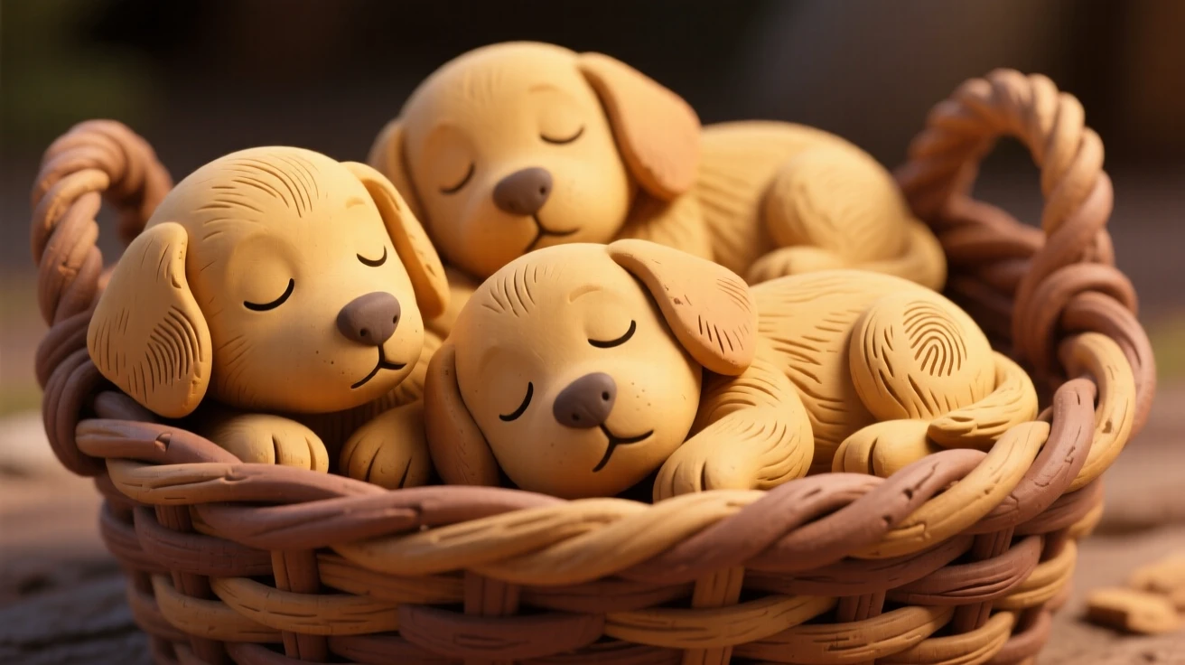 A litter of golden retriever puppies asleep in a wicker basket