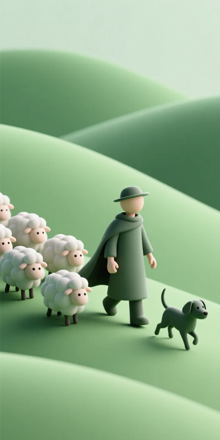 A gentle shepherd guides a flock of woolly sheep down a rolling green hillside, a loyal dog trotting at his side.