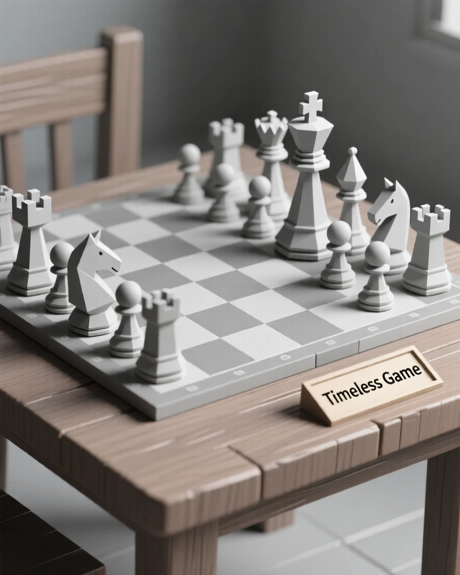 A chess set mid-game on a wooden table, surrounded by soft shadows. muted tones give the scene a timeless quality. It evokes a feeling of gentle nostalgia.