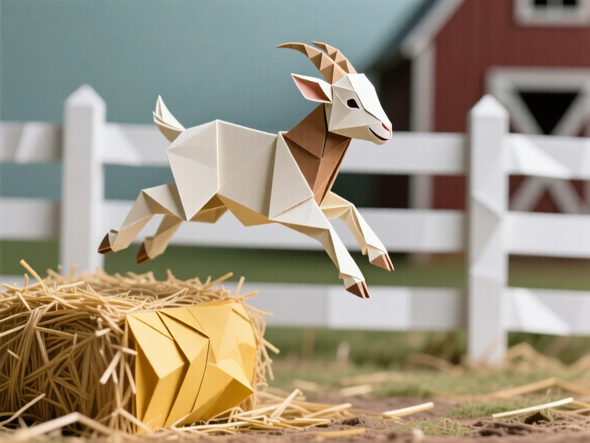 A baby goat leaping sideways off a hay bale, all four hooves off the ground, barnyard fence in the background.