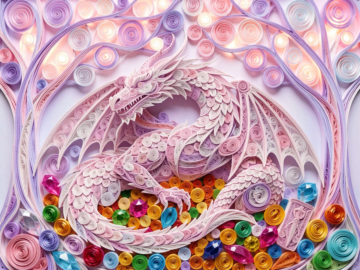 a majestic dragon curled protectively around a treasure hoard, beneath a canopy of glowing luminescent trees, captured in an intimate close-up glowing softly, in dreamy pastel tones of lavender and rose.