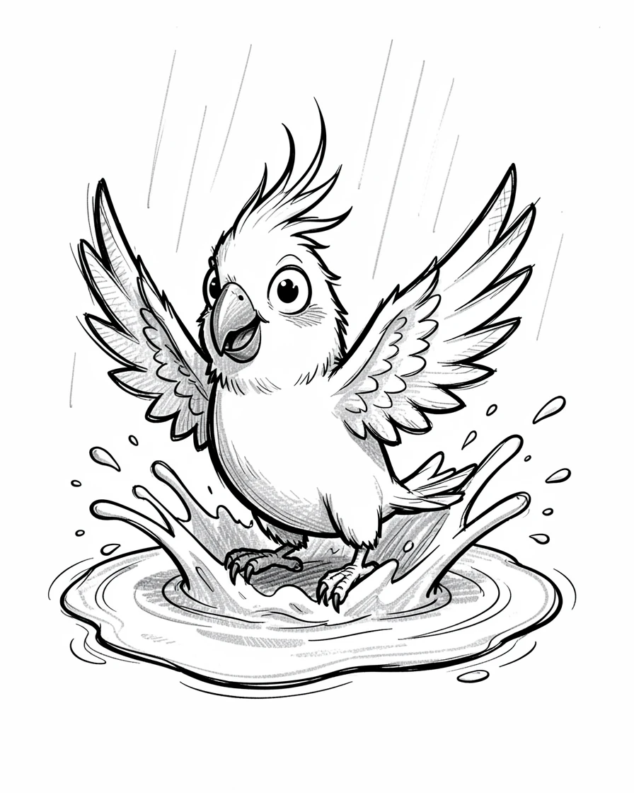 A cockatiel splashing in a puddle after rain.