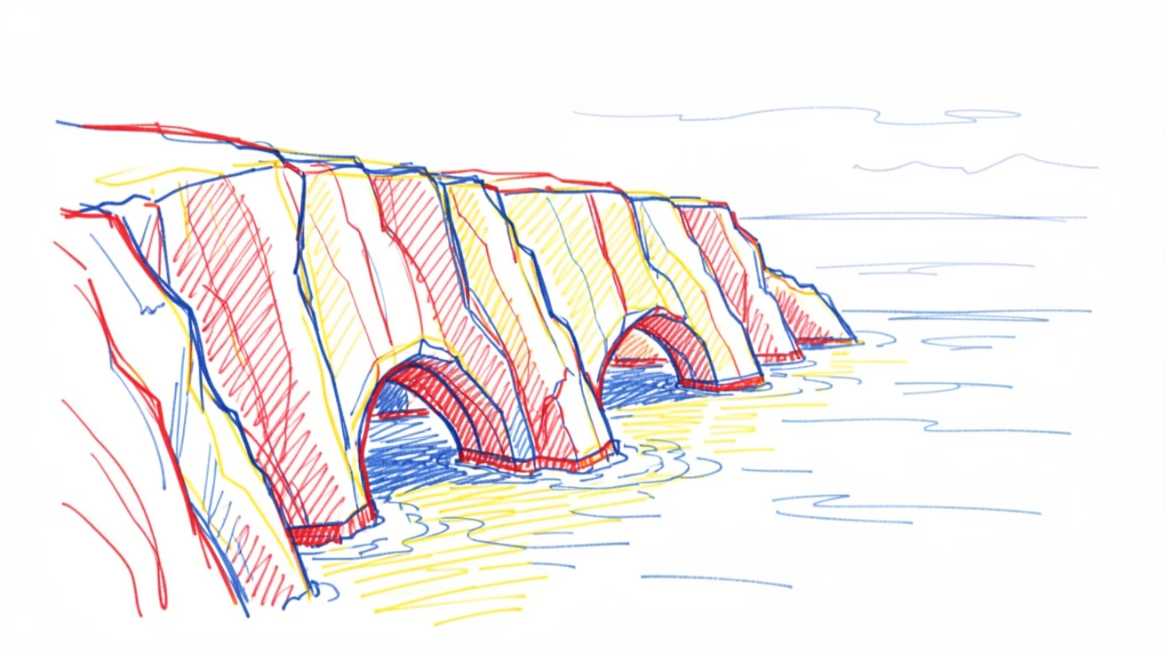 A dramatic sea cliff coastline with arches and sea caves carved by centuries of waves