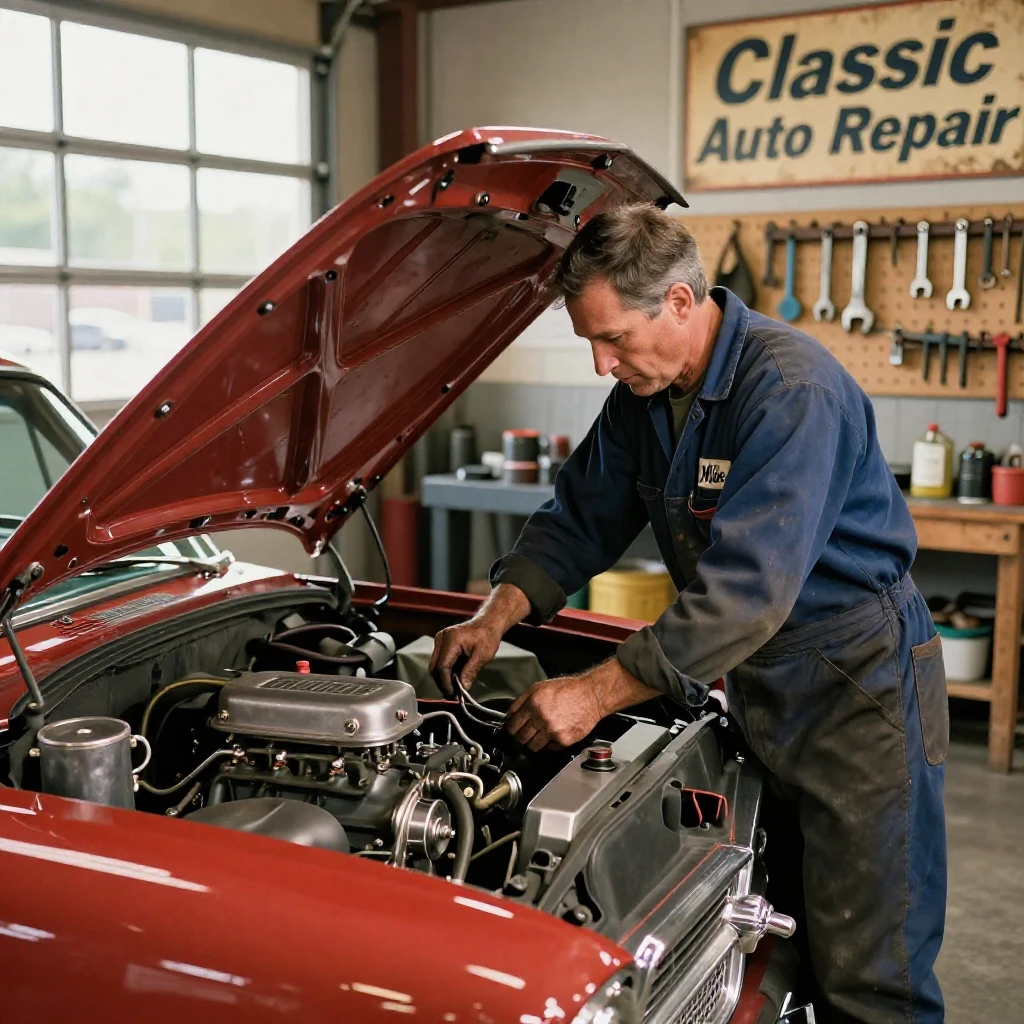 A vintage car mechanic working under a classic hood