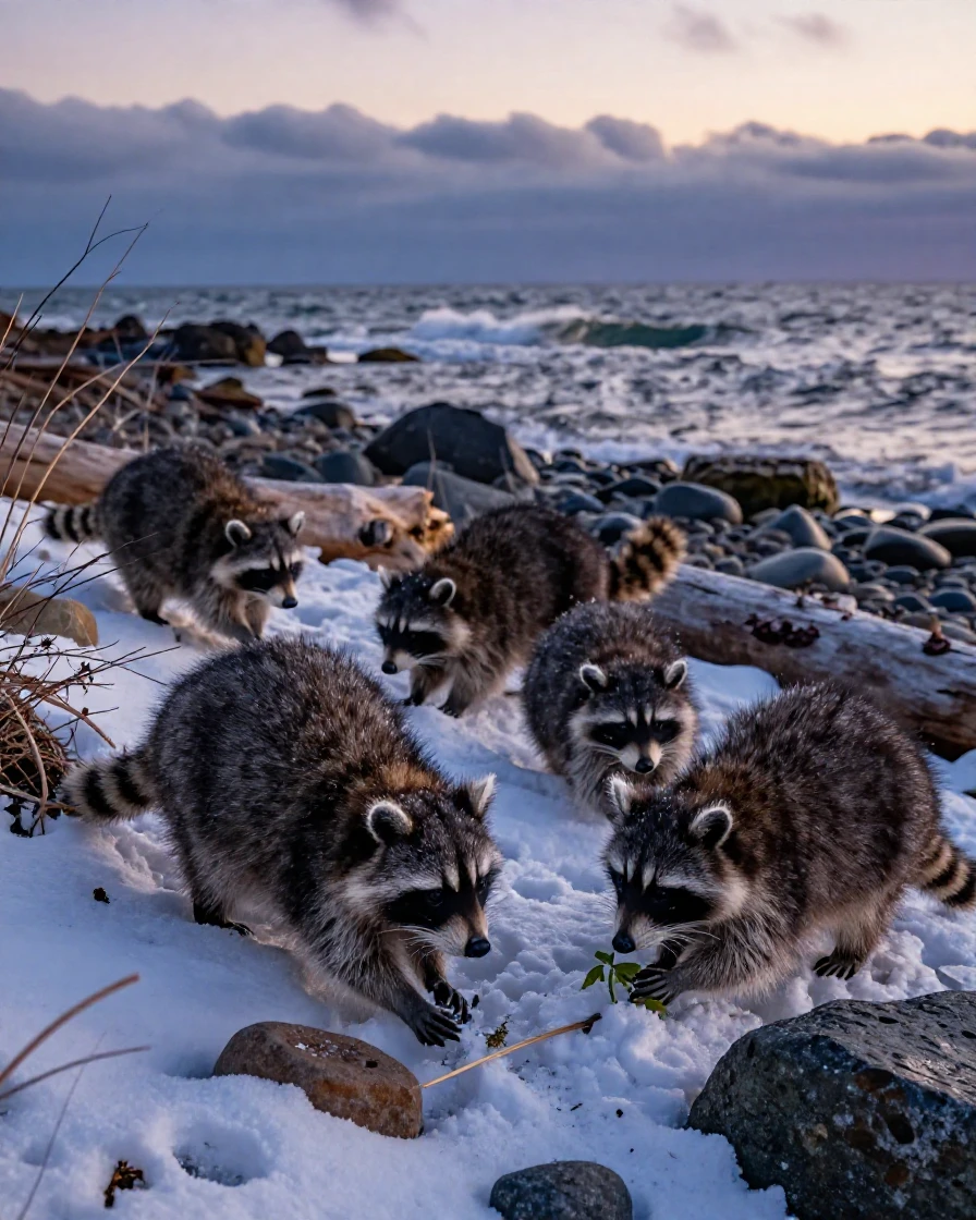 A family of raccoons foraging quietly through fresh snow along a rugged coastal shoreline as the day slowly fades