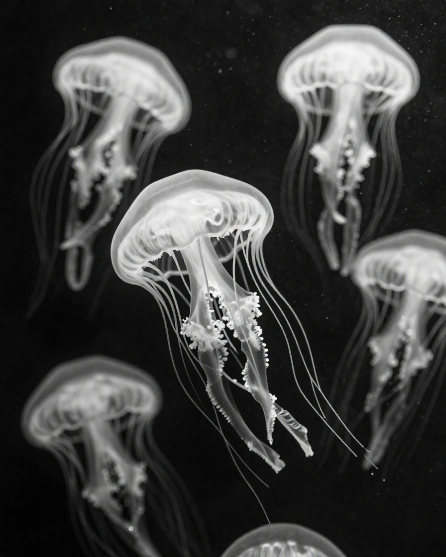 A group of jellyfish pulses gently through the water within a glowing plankton bloom.