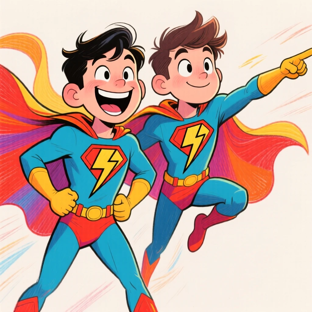 A pair of best friends dressed as matching superheroes, capes billowing dramatically.