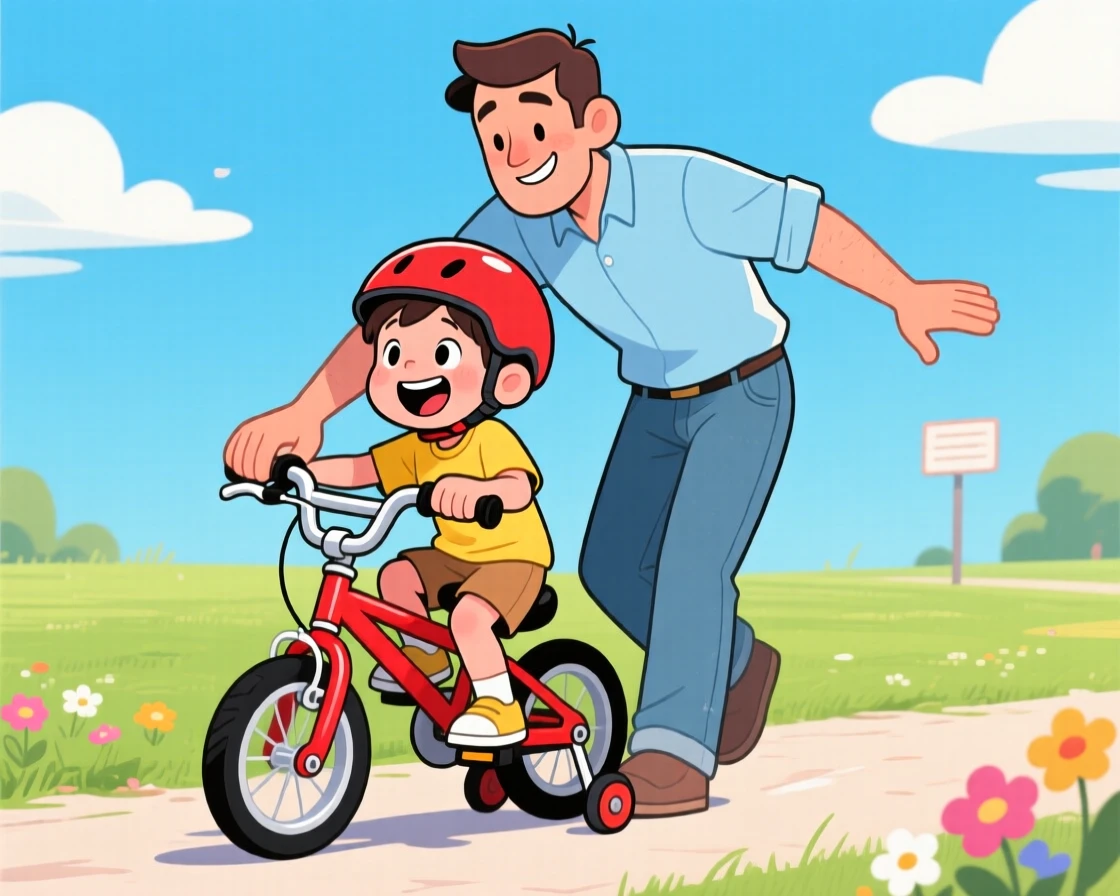 A heartwarming scene of a father teaching his son to ride a bike, arms outstretched as the boy wobbles with pure joy.