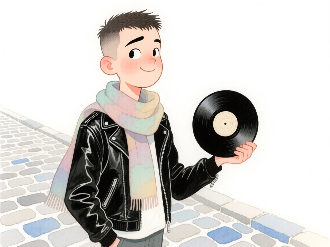 A young man with a short pixie cut, raising an eyebrow playfully, wearing a leather jacket with a scarf and holding a vinyl record, on a quiet cobblestone street