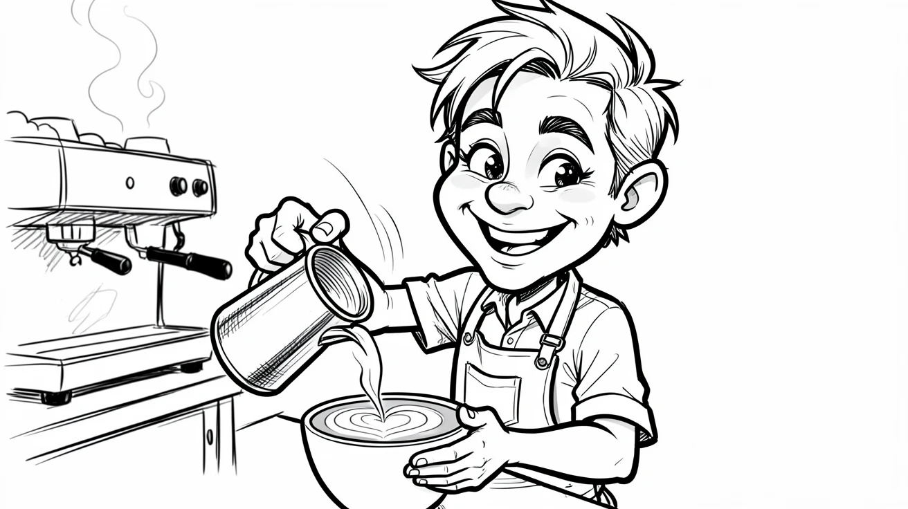 [People Portraits & Characters] Portrait of a cheerful barista drawing a heart in latte foam, full of personality and charm
