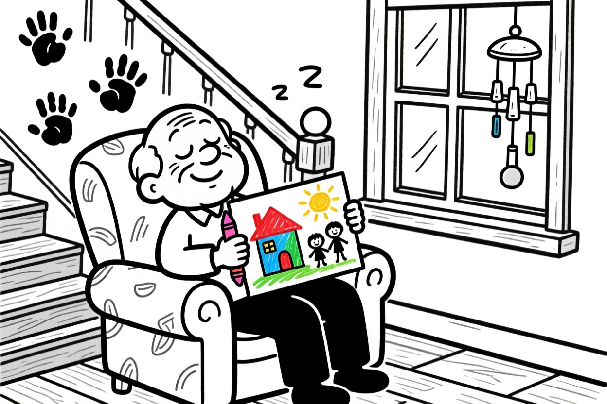 A grandfather dozing off in his favorite armchair, holding up a crayon drawing with pride, set on a squeaky staircase decorated with handprint art. A wind chime sways gently just outside the window. It's a small, ordinary moment that feels quietly precious.