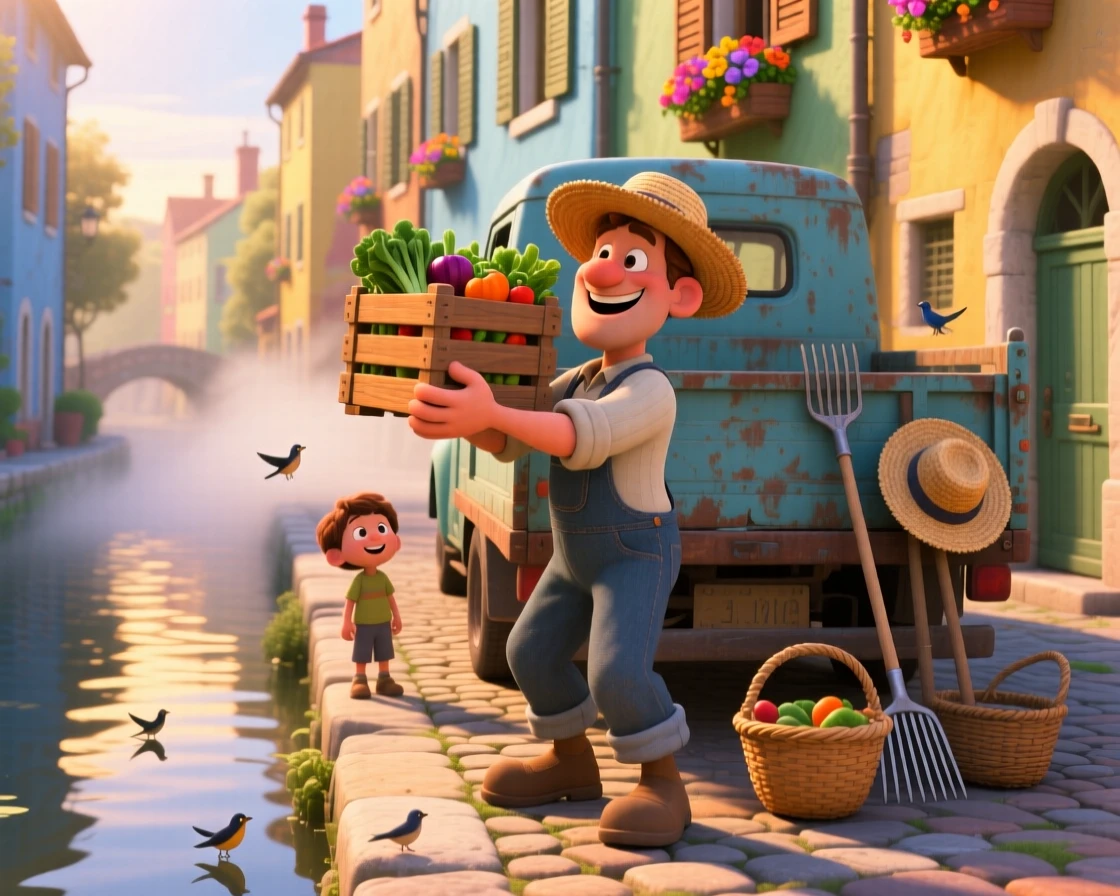 A farmer loading a truck with fresh vegetables is captured along a canal lined with narrow houses, with warm morning light spilling across the scene. A gentle, charming warmth fills this everyday moment.