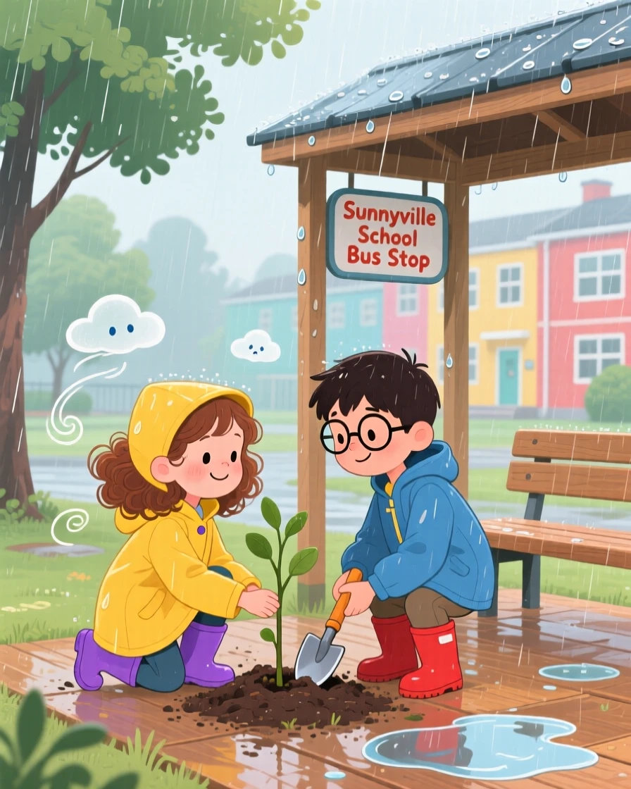 A girl and a shy new classmate share a tender moment planting a tree together in the schoolyard in a rainy bus stop, while a soft breeze carries away any worry.