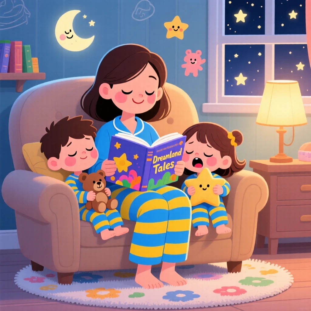 A mother reading a bedtime story to two sleepy children.