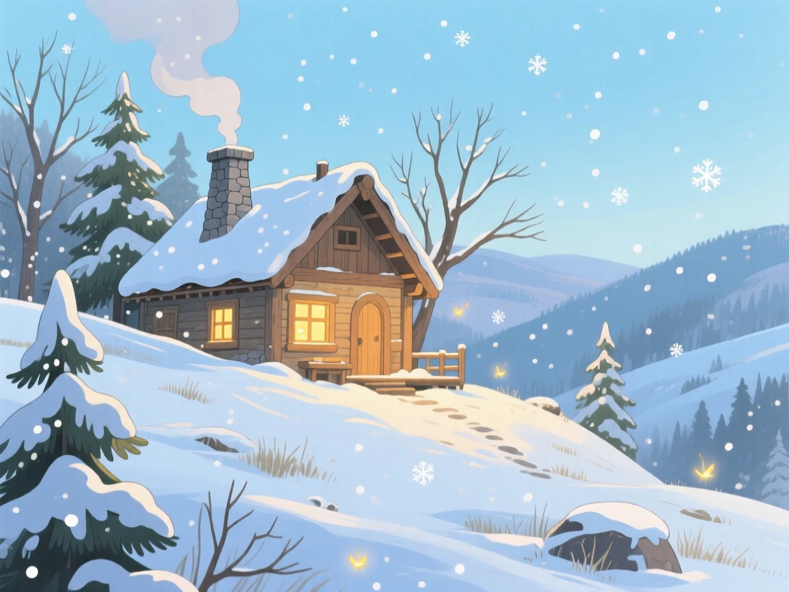 A winter scene of a cozy cabin with smoke rising against a snow-covered hillside, with a gentle breeze stirring the scene.