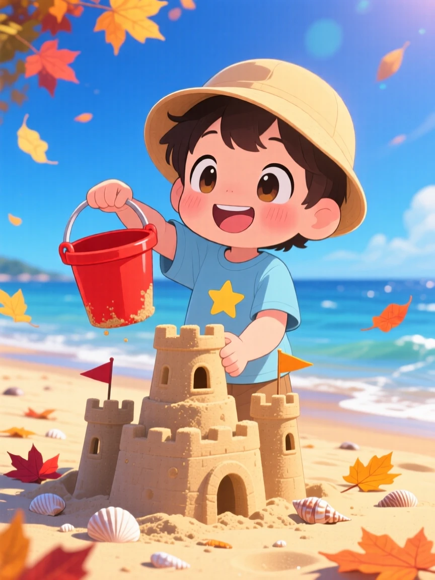 A small child stacking sandcastle towers with a bucket in a sunny beach shoreline with autumn leaves swirling around; cool blue twilight glow washes over the scene as playful mischief fills the moment. Waist-up portrait.