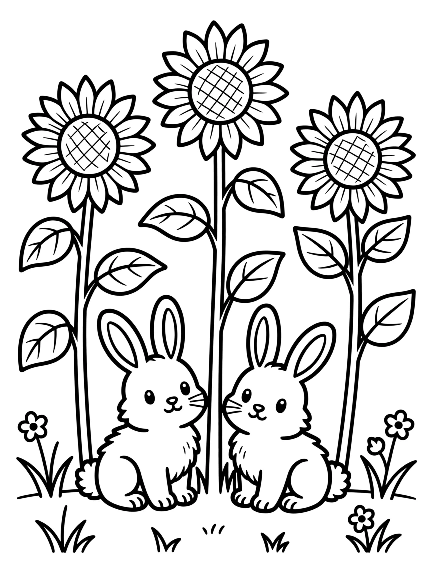 A pair of bunnies hiding among tall sunflowers