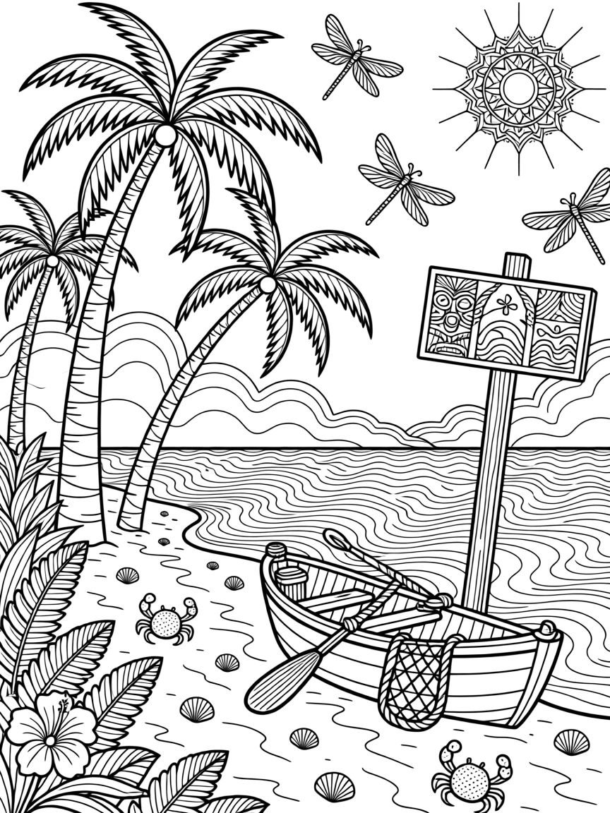 A tropical beach scene with palm trees leaning over turquoise water.