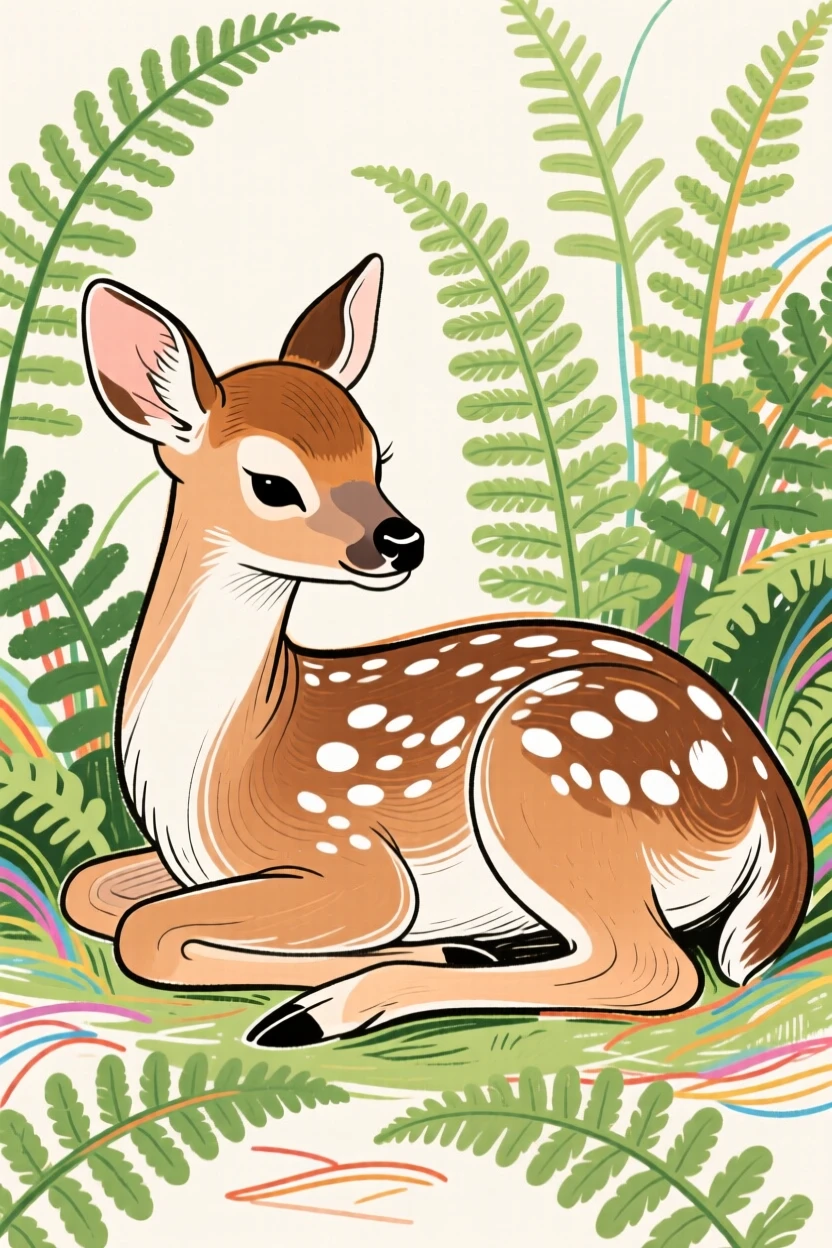 A spotted fawn resting in ferns.