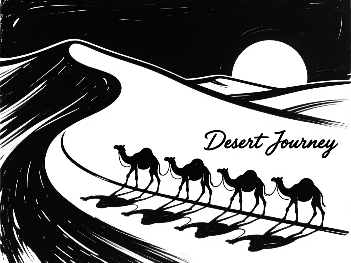 A camel caravan crossing tall sand dunes at sunset.