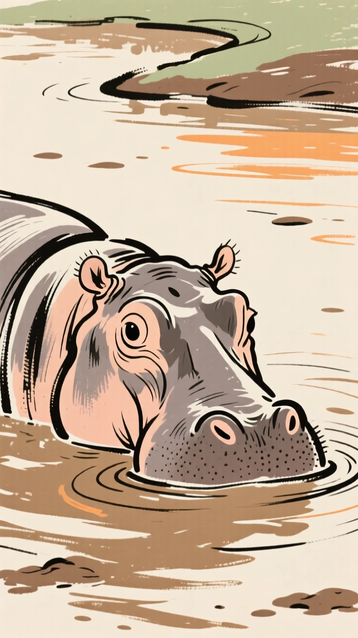 A hippopotamus submerged in a muddy river with only its eyes visible.