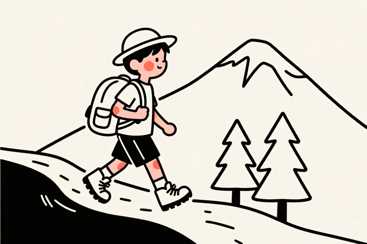 A young boy hiking a mountain trail with a backpack.