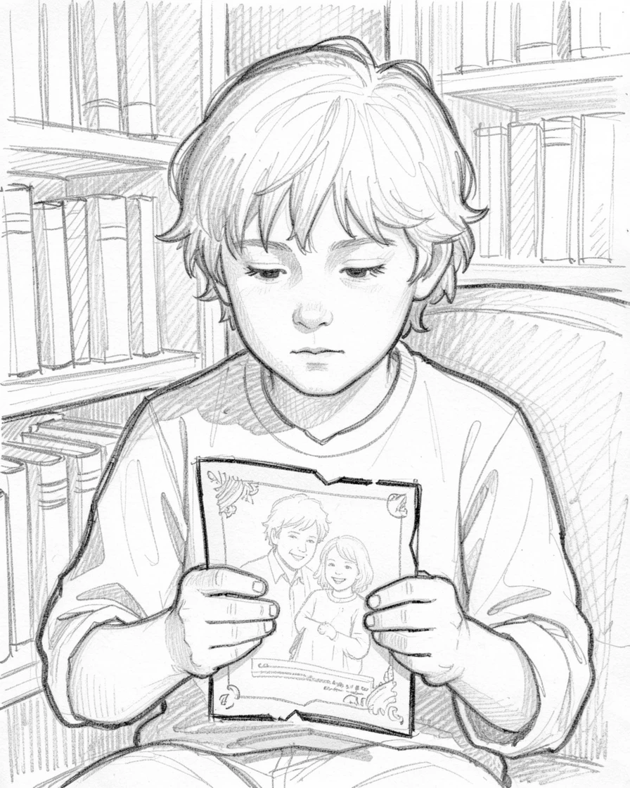 Intimate close-up of a violin prodigy in a quiet library nook, clutching an old photograph.