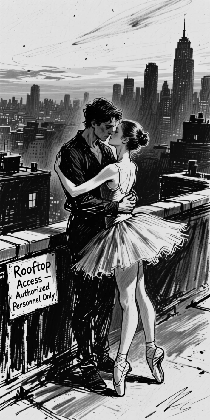 A young ballerina embracing a loved one after a long separation, on a city rooftop at dusk.