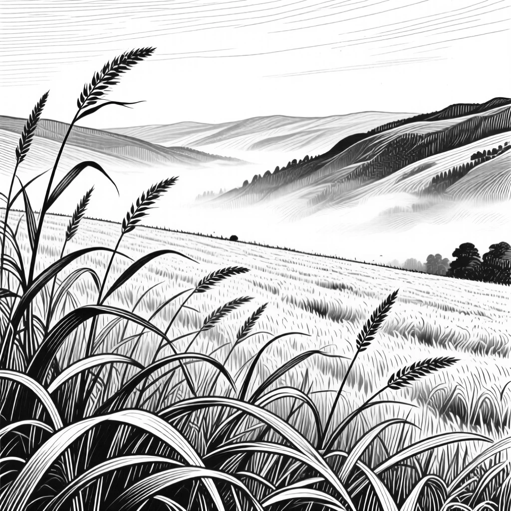 A field of wild grasses as fog rolls slowly across the valley, with tall grasses bending in the wind, evoking a windswept and dramatic atmosphere in a wide, balanced composition.