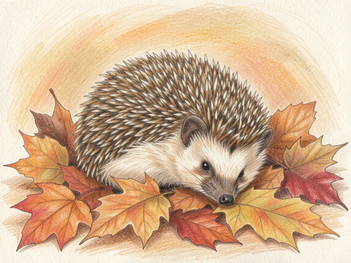 A hedgehog curled up among fallen autumn leaves, set against a warm, softly blurred background, celebrating the simple beauty of the animal world.