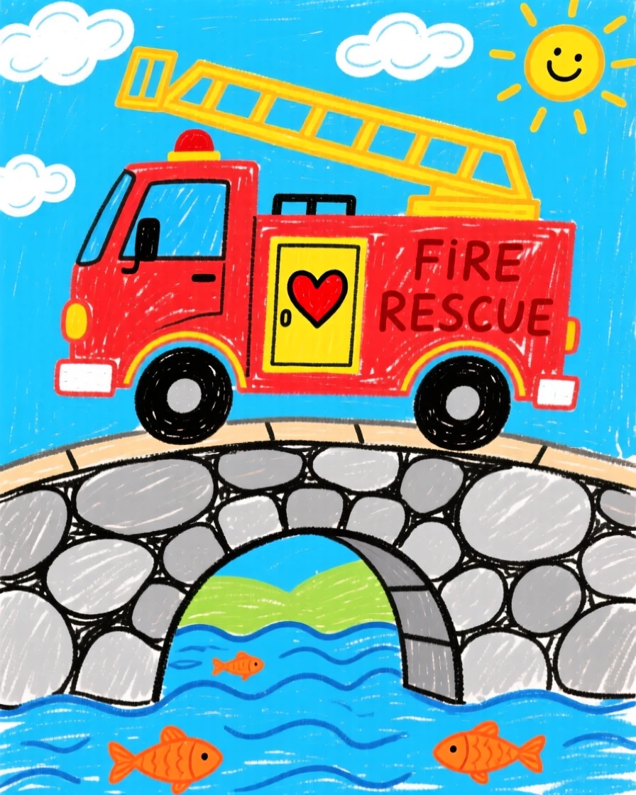 A shiny fire engine ladder truck crossing an old stone bridge.